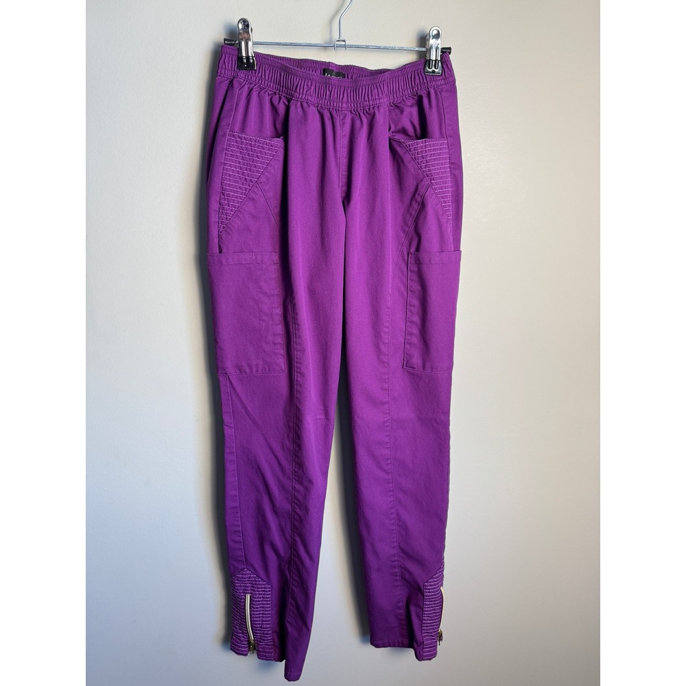 Jaanuu Womens Purple Cargo Jogger Pants XS Moto Zipper Scrub Medical Utility